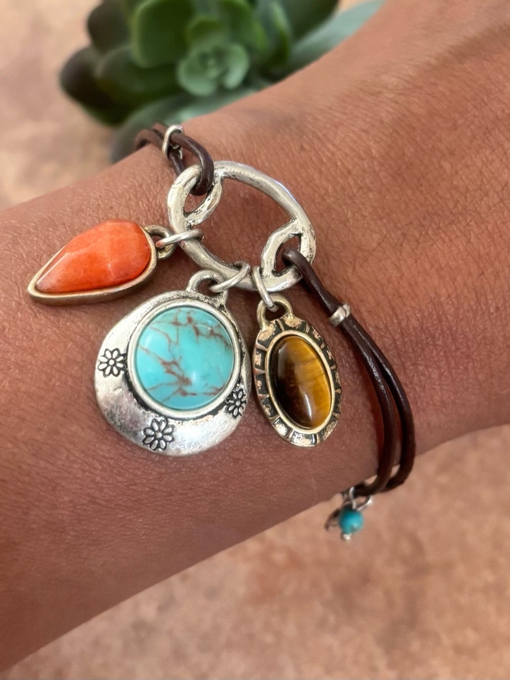 Lucky Brand Boho Multi-Stone Charm Bracelet with Leather Strap